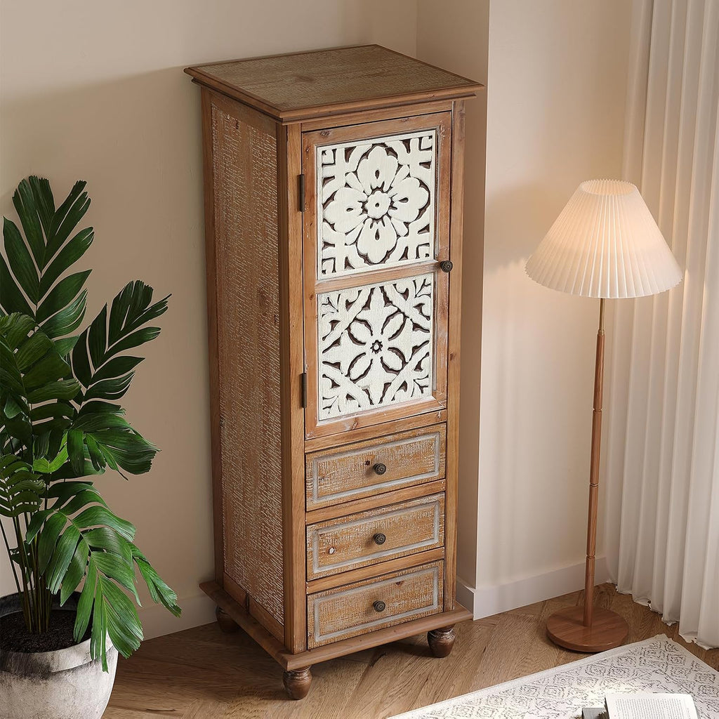 LKTART Solid Wood Accent Storage Cabinet with Carved Doors,54' Tall Thin Storage Cabinet with Drawers for Entryway,Kitchen,Living Room
