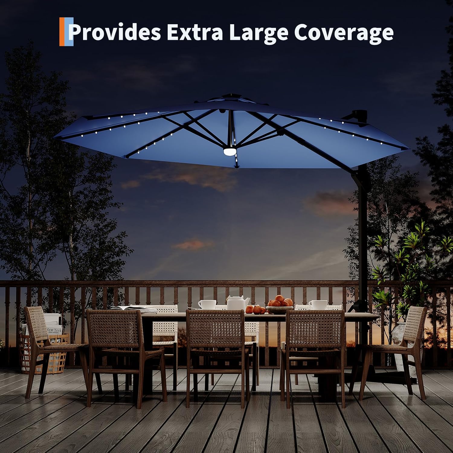 Garvee 10 ft Cantilever Patio Umbrella with Solar Lights, 360° Rotation Offset Umbrella, Easy Crank & Tilt Adjustment, UV Protection for Backyard, Poolside, Deck -Navy Blue