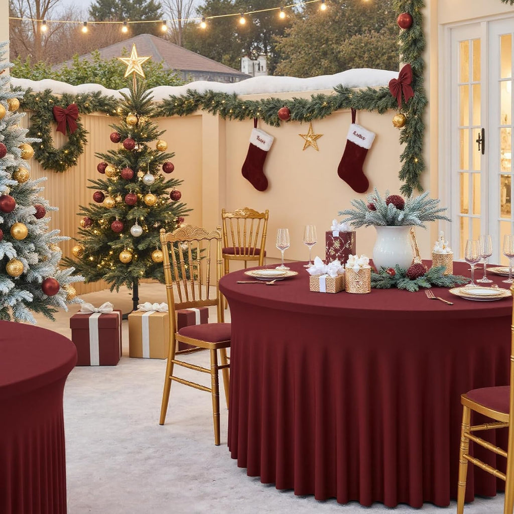 12 Pack Burgundy Round Tablecloth with Skirt, 60 Inch Elastic Fitted Table Cover for 5FT Tables, Wrinkle-Resistant & Washable Snug Fit for Christmas, Thanksgiving, Holiday Dinners & Parties