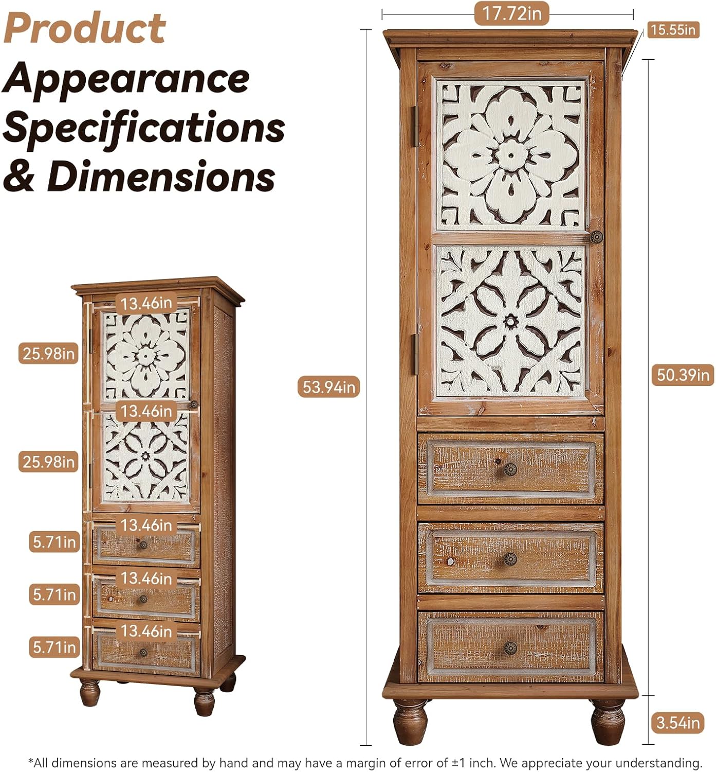LKTART Solid Wood Accent Storage Cabinet with Carved Doors,54' Tall Thin Storage Cabinet with Drawers for Entryway,Kitchen,Living Room