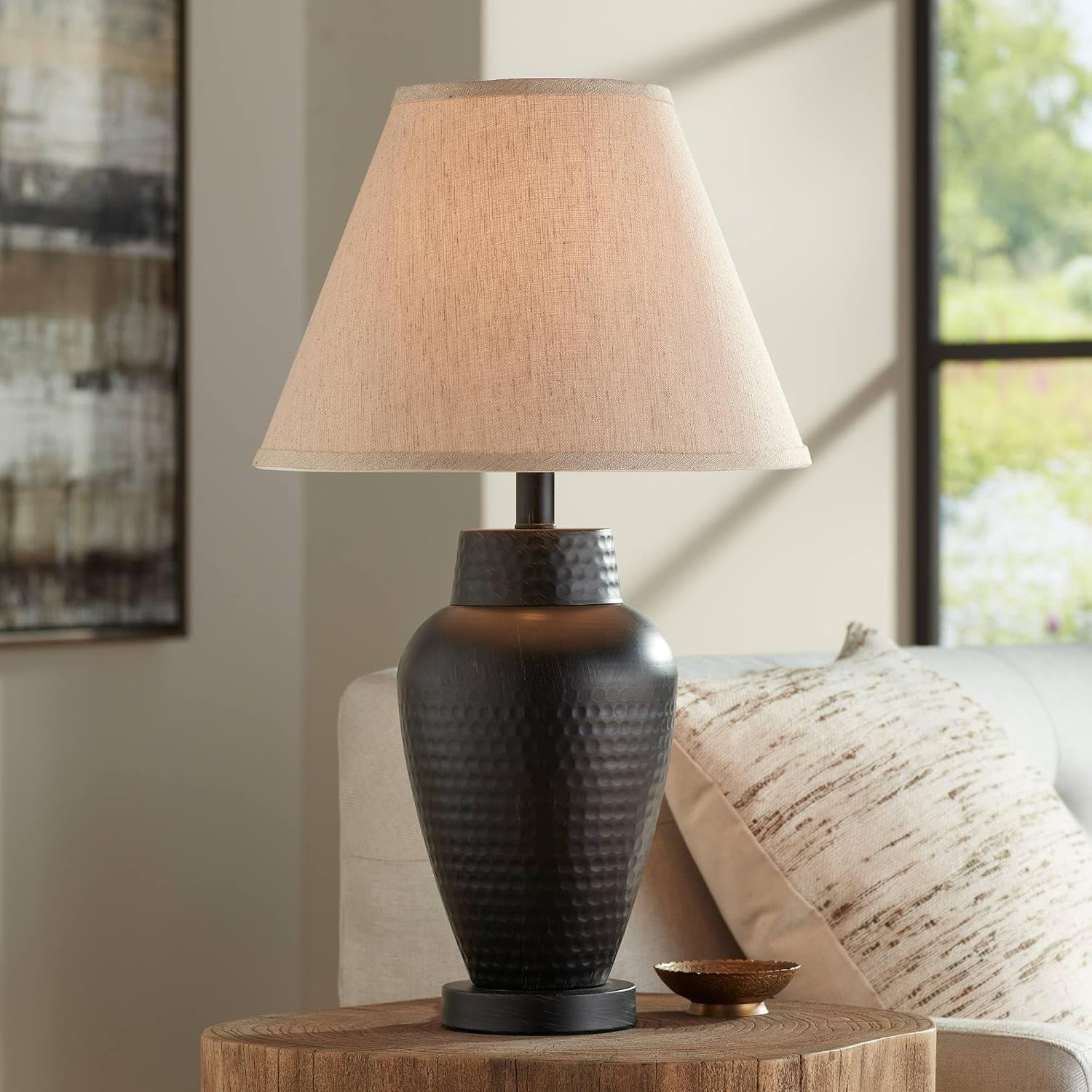 Regency Hill Auburn Modern Rustic Vase-Shaped Table Lamp 25' High Textured Hammered Bronze Brown Metal Natural Linen Empire Shade for Living Room Bedroom House Bedside Nightstand Home Office