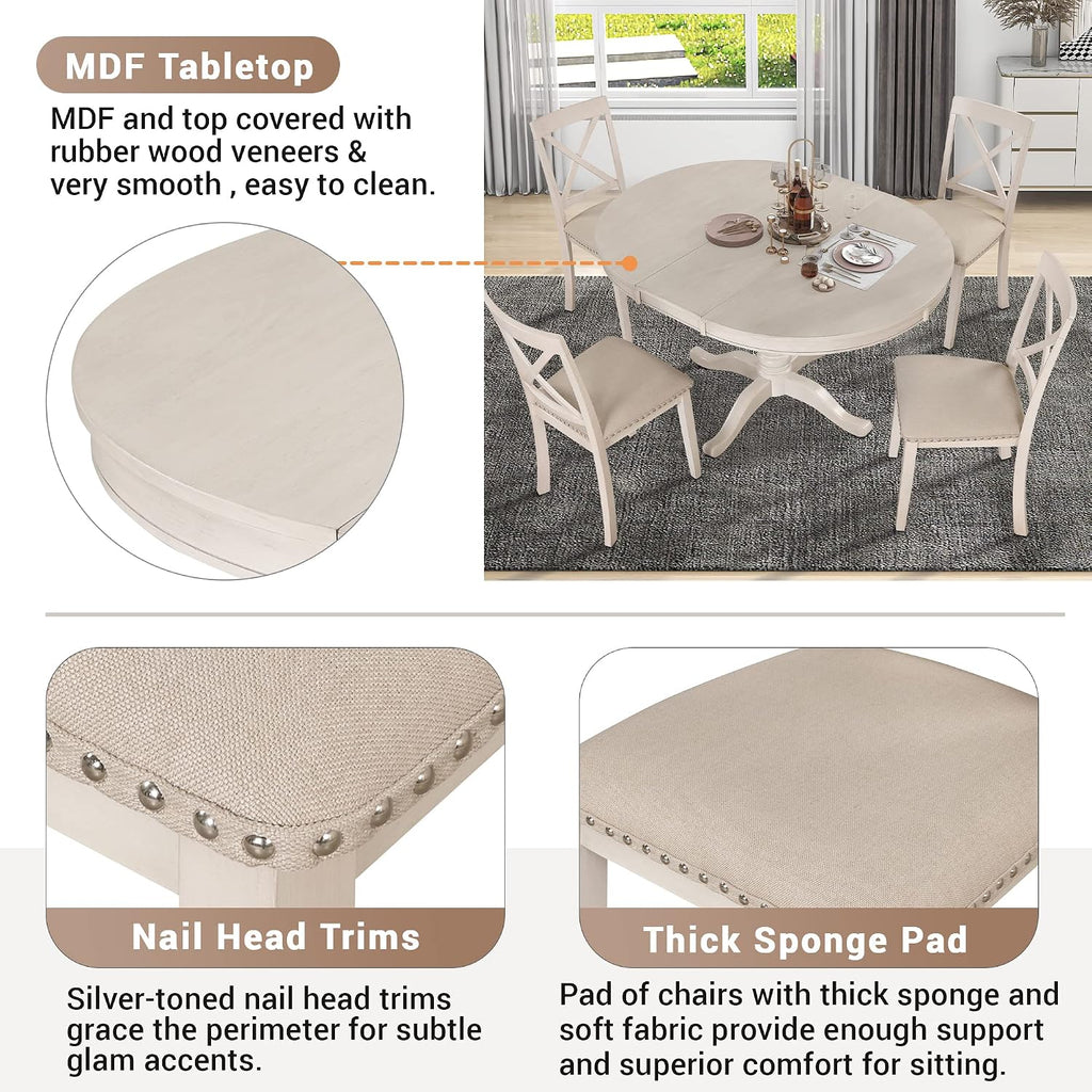 Harper & Bright Designs Modern Dining Table Set for 4,Round Table and 4 Kitchen Room Chairs,5 Piece Kitchen Table Set for Dining Room,Dinette,Breakfast Nook,Antique White