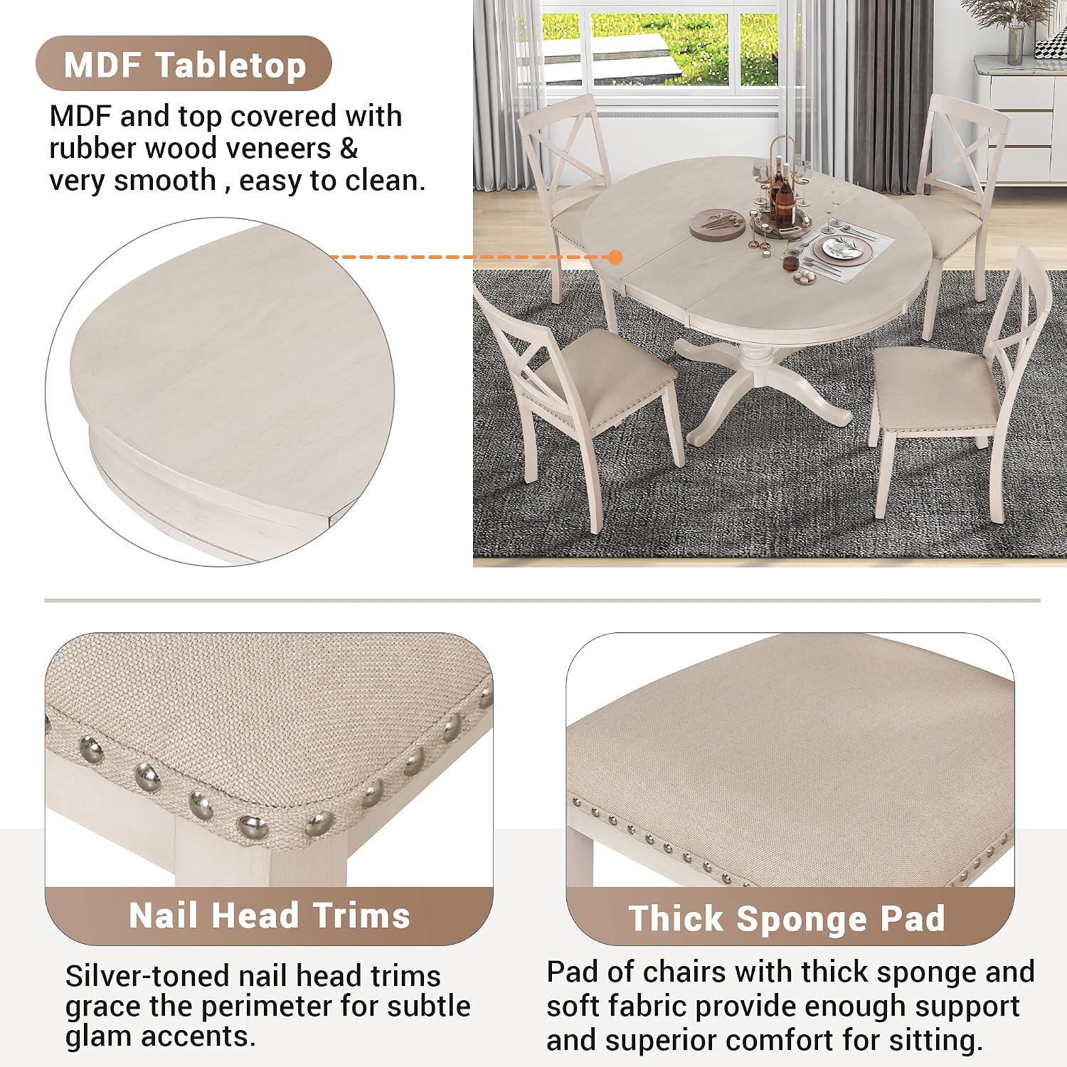 Harper & Bright Designs Modern Dining Table Set for 4,Round Table and 4 Kitchen Room Chairs,5 Piece Kitchen Table Set for Dining Room,Dinette,Breakfast Nook,Antique White