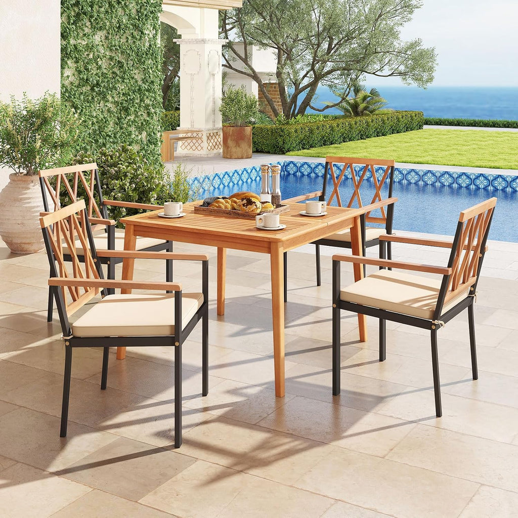 Tangkula 5 Piece Wood Outdoor Dining Set for 4, Rectangular Patio Acacia Wood Table Set with 4 Cushioned Chairs, Umbrella Hole, Heavy Duty Metal Frame for Deck Porch Backyard