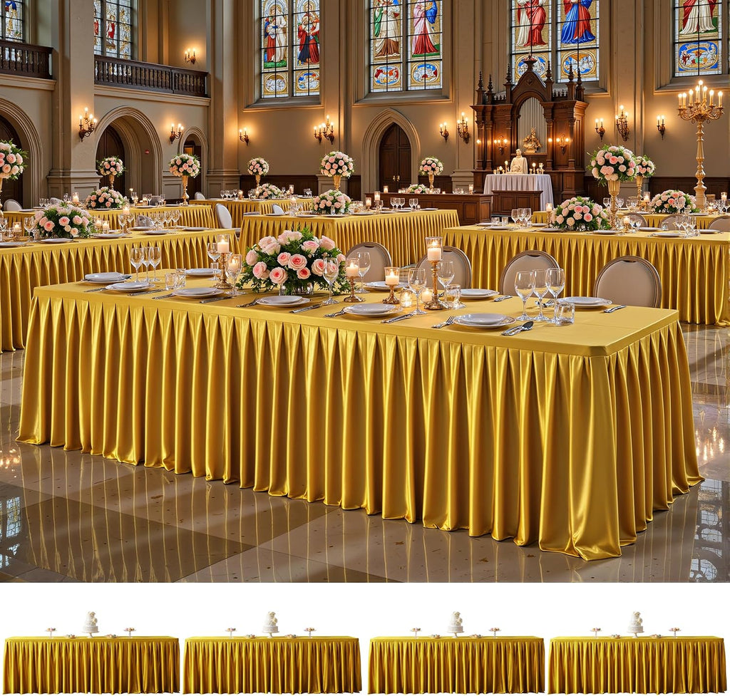 4 Pack 6FT Gold Satin Tablecloths for Rectangle Tables - Shiny Spandex Party Table Cover with Pleated Table Skirt, No-Wrinkle & Glossy Wedding Tablecloth One-Piece for Birthday Baby Shower Banquet