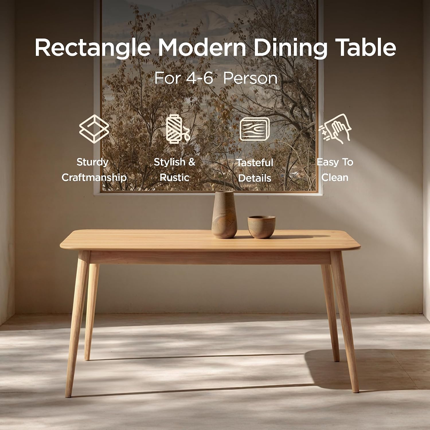 Acanva Modern Rectangular Dining Table for 6, Farmhouse Kitchen Dinner Tables with Tapered Wood Legs, Oak