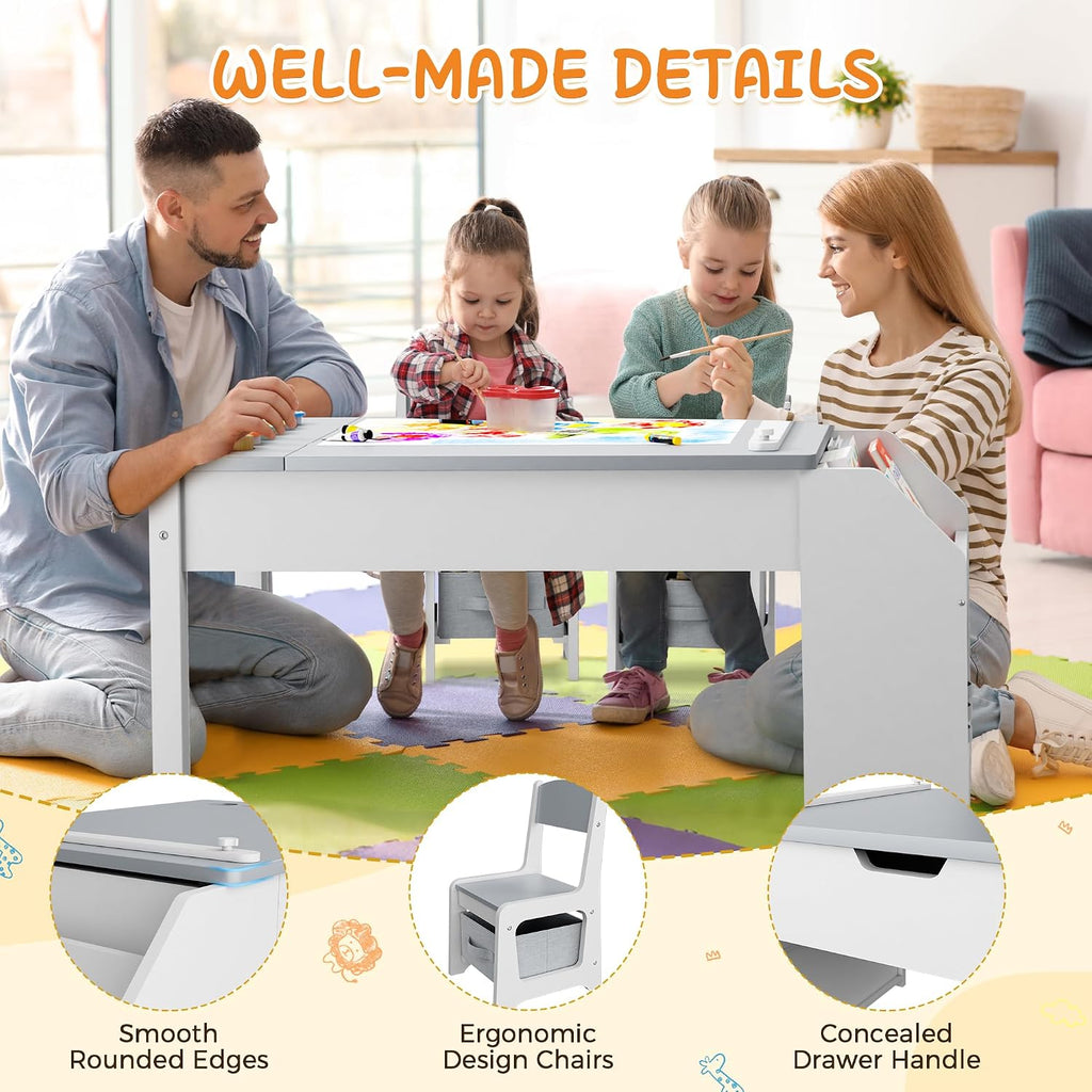 5-in-1 Kids Art Table and Chairs, Toddler Table and Chair Set, Craft Play Desk for Kids, Convertible Art Easel with Paper Roll Holder & Storage Drawers, Children Activity Learning Center-Light Grey