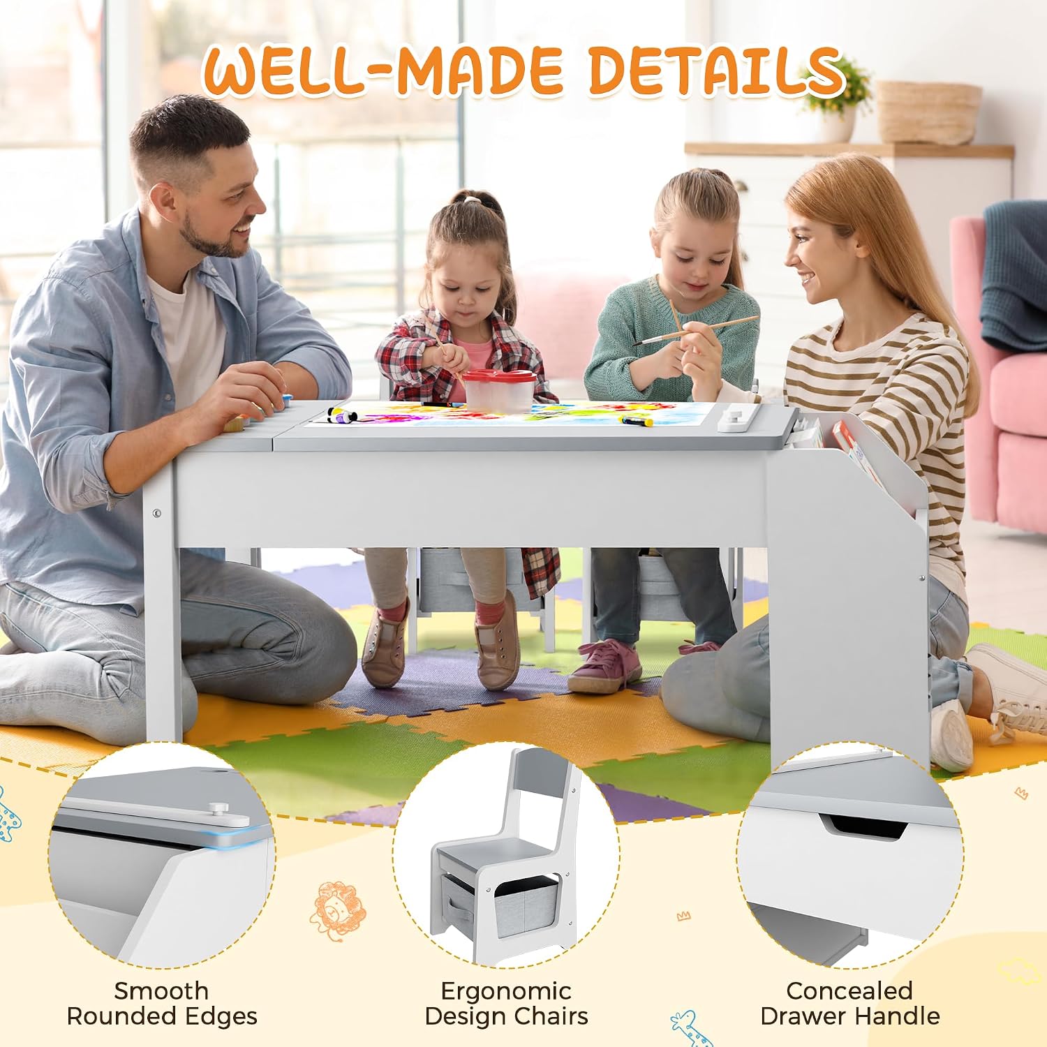 5-in-1 Kids Art Table and Chairs, Toddler Table and Chair Set, Craft Play Desk for Kids, Convertible Art Easel with Paper Roll Holder & Storage Drawers, Children Activity Learning Center-Light Grey