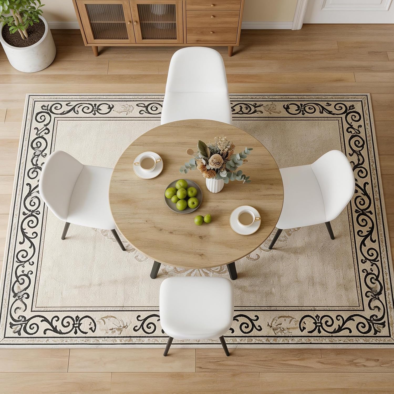 Round Dining Table Set for 4, Rustic 36' Circle Kitchen Table and 4 White Linen-Cotton Dining Chairs, Solid Metal Frame, Space Saving Wood Small Kitchen & Dining Room Furniture