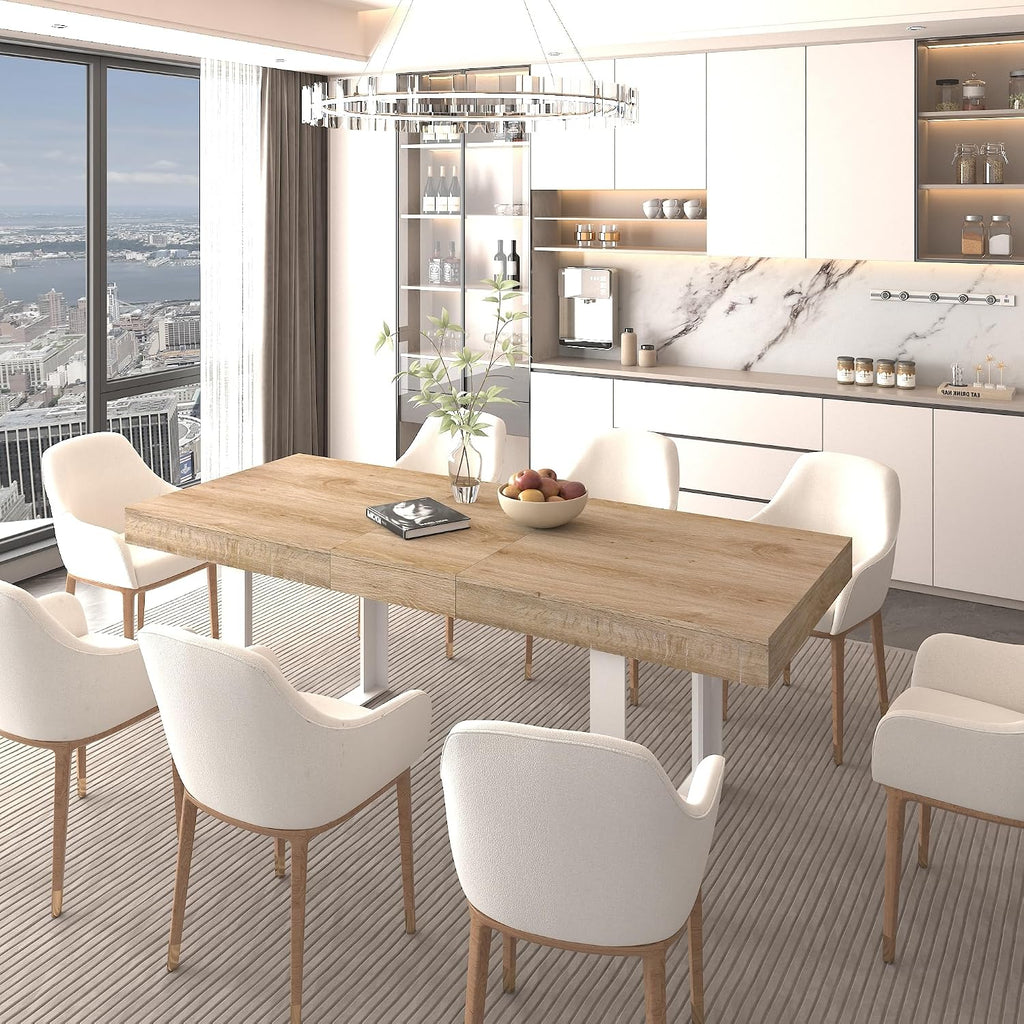 78.74'' Extendable Rectangular Dining Table for 4-8, Modern Mid-Century Farmhouse Wood Expandable Kitchen Dinner Conference Table for Living Room Office, White & Oak