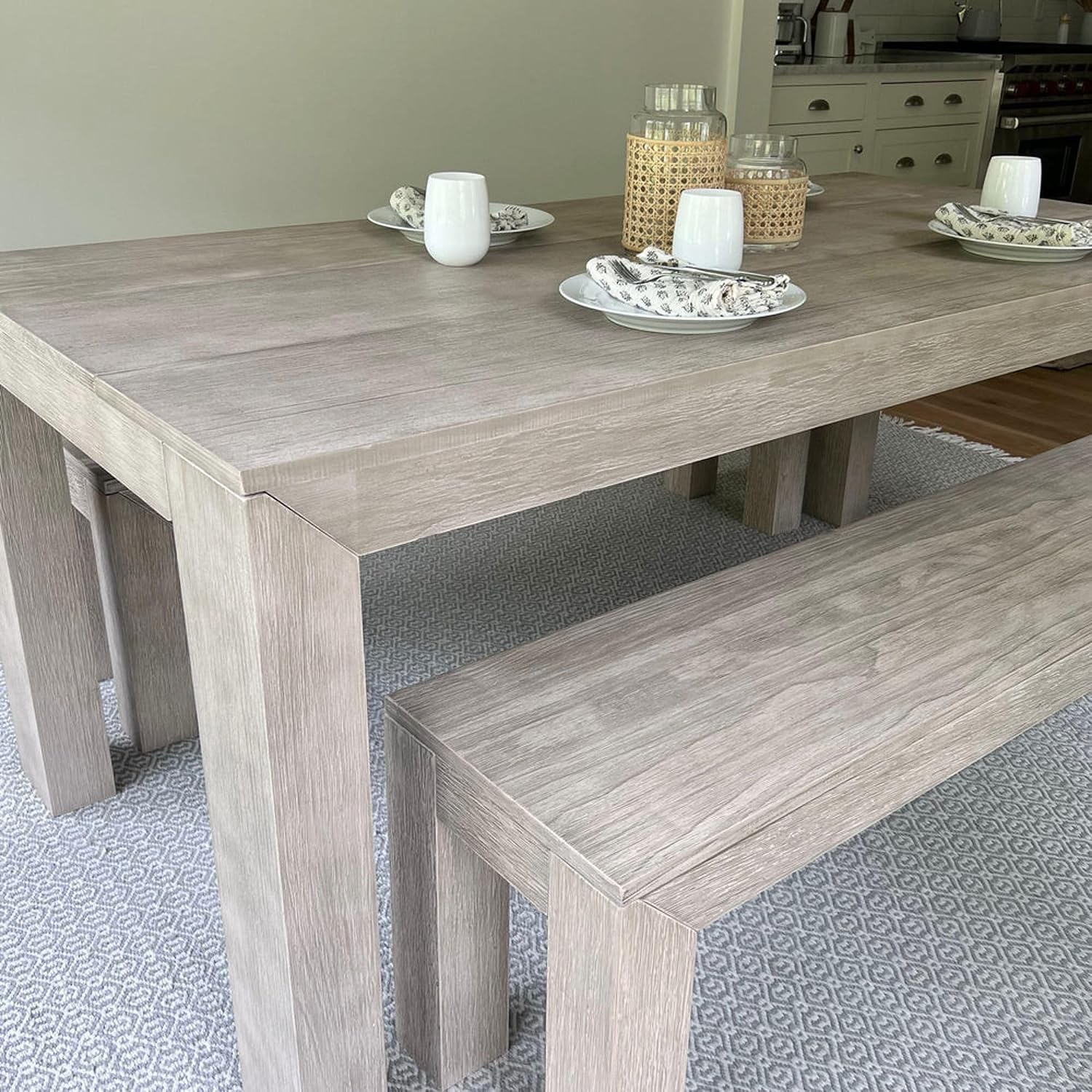 Plank+Beam 72 Inch Modern Solid Wood Dining Table - Solid Pine, Wirebrush Finish, Seats 6, Non-Toxic Finish, Easy Assembly, for Kitchen or Office, Seashell Wirebrush