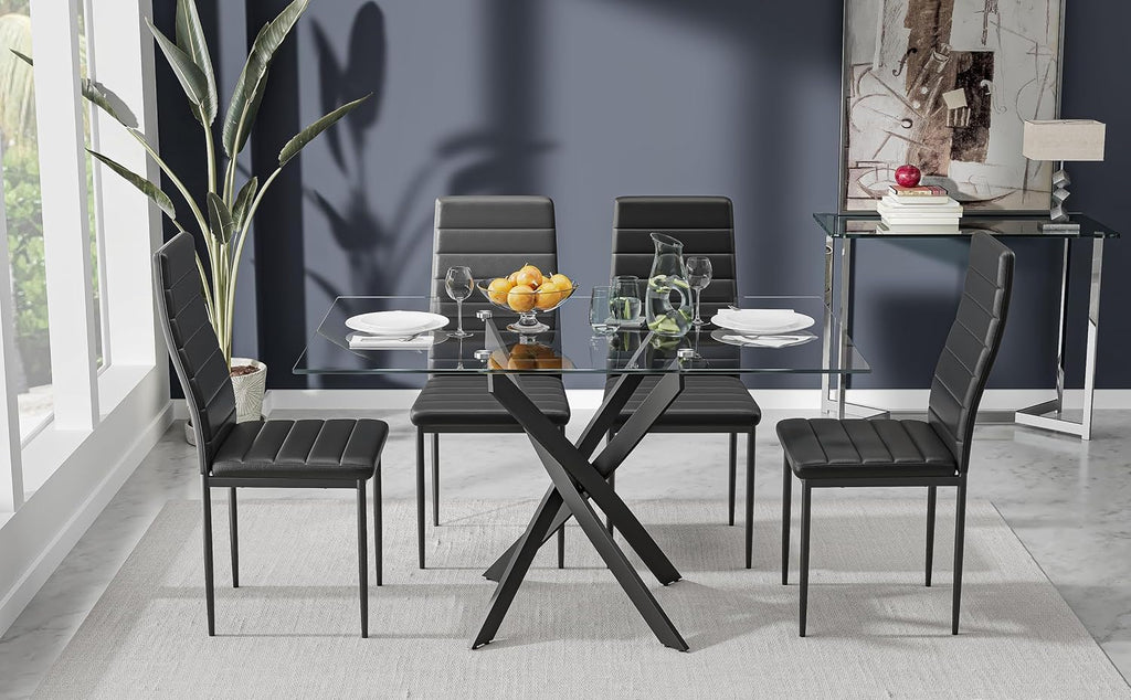 Tempered Glass Dining Table with Black Metal Legs, 47in Modern Rectangular Kitchen Table for Kitchen Dining Room Home Office, Black