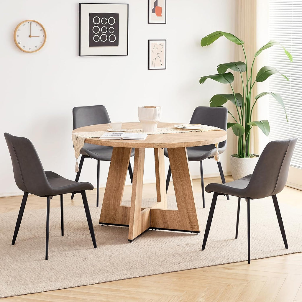 47 inch Round Dining Table Set for 4 with Chairs Kitchen Table and Chairs Set Mid-Century Modern Round Wood Kitchen Tables with Upholstered Synthetic Leather Chairs Set of 4