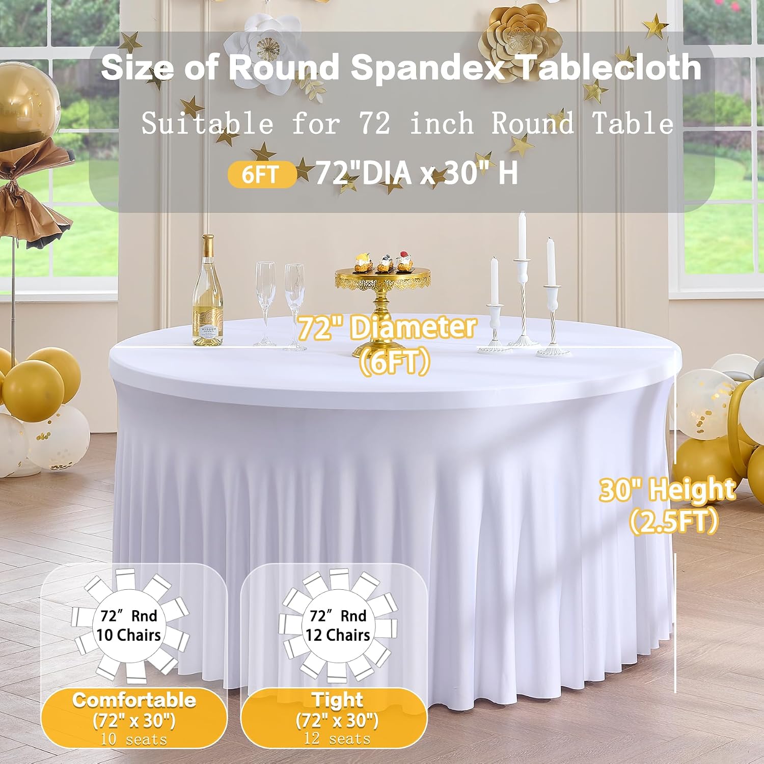 6pk Round Spandex Tablecloths for 72inch Table, Wrinkle Free Stretchy 132inch Fitted 6FT Round Table Cloths Cover Skirt for Wedding Birthday Party Bridal Shower Banquet Events