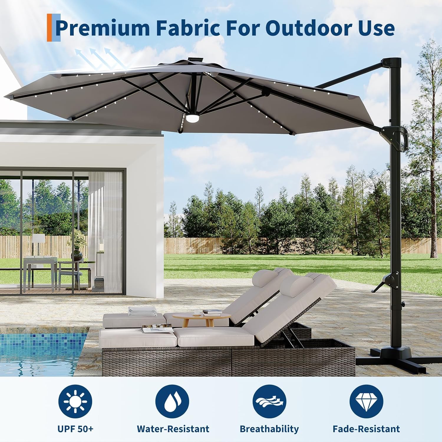 Garvee 10 ft Cantilever Patio Umbrella with Solar Lights, 360° Rotation Offset Umbrella, Easy Crank & Tilt Adjustment, UV Protection for Backyard, Poolside, Deck -Gray