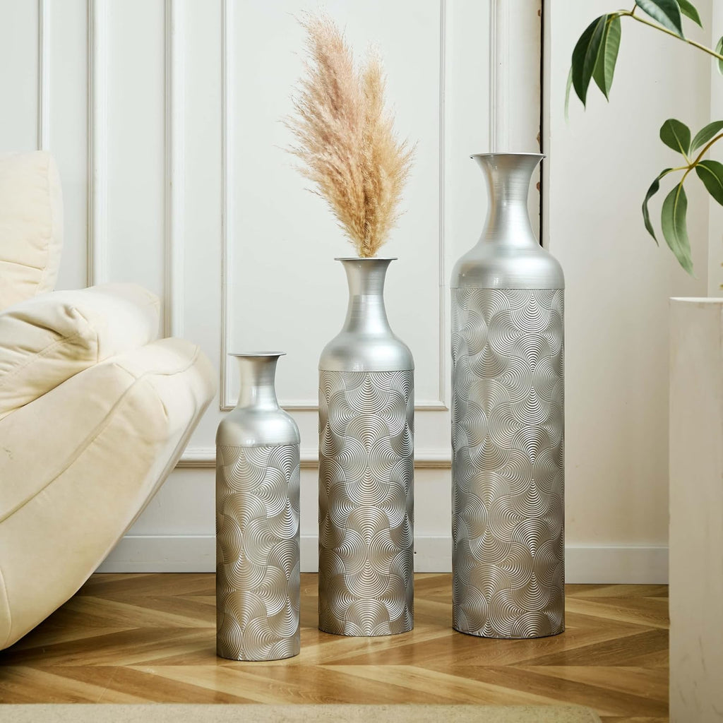 Metal Floor Vases Set of 3, Tall Vase for Floor Decoration with Modern Wave Pattern, Large Decorative Floor Vases for Living Room, Tall Cylinder Flower Vase for Home Office Décor (Silver)