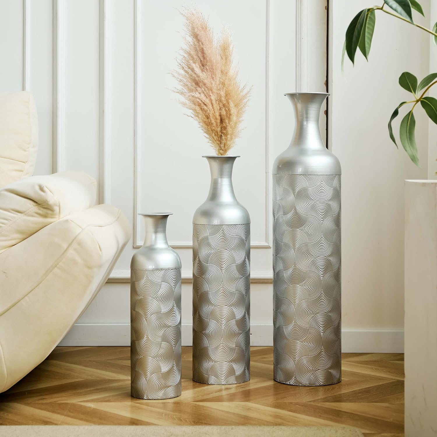 Metal Floor Vases Set of 3, Tall Vase for Floor Decoration with Modern Wave Pattern, Large Decorative Floor Vases for Living Room, Tall Cylinder Flower Vase for Home Office Décor (Silver)