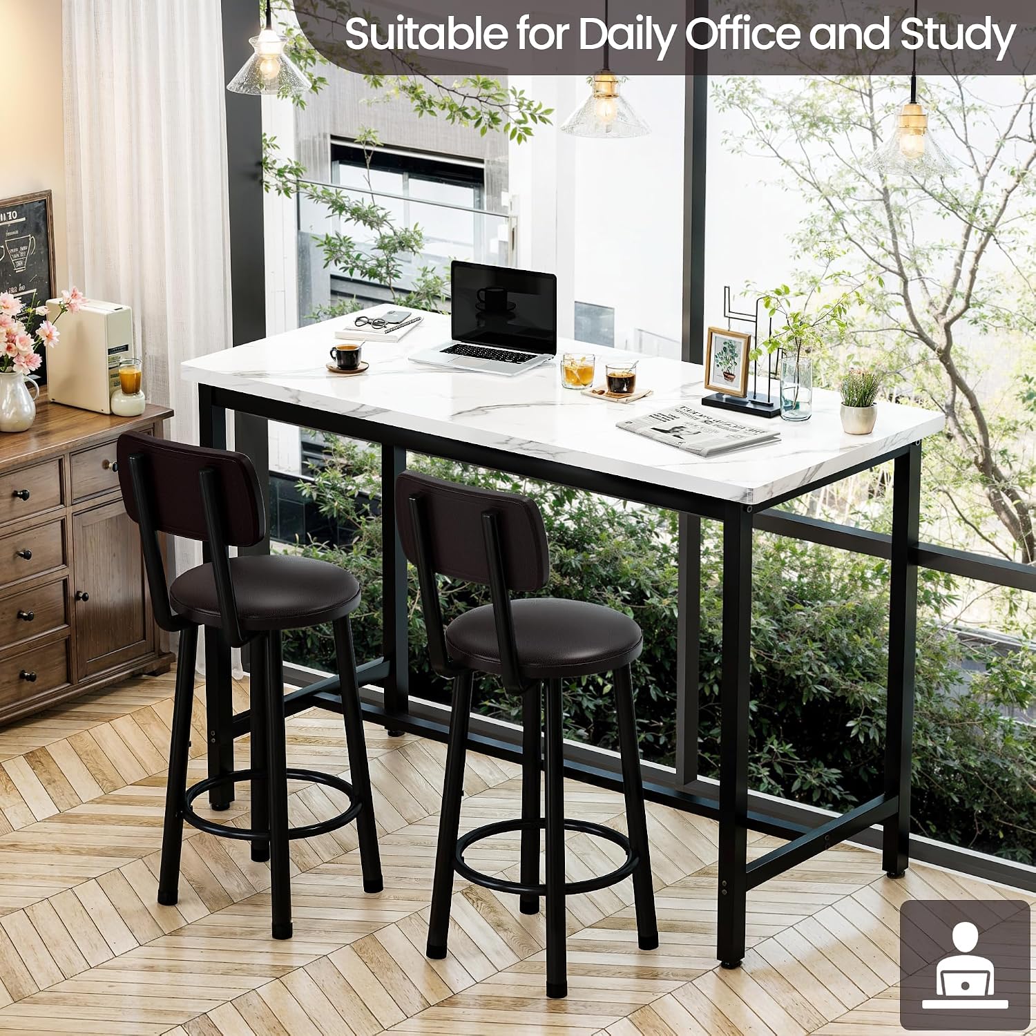 Recaceik 3 Piece Bar Table with Stools Set for 2, Modern Faux Marble High Top Small Dining Table and Chairs, Pub Bistro Set for Dining Room, Kitchen, Breakfast Nook, Small Space, Apartment