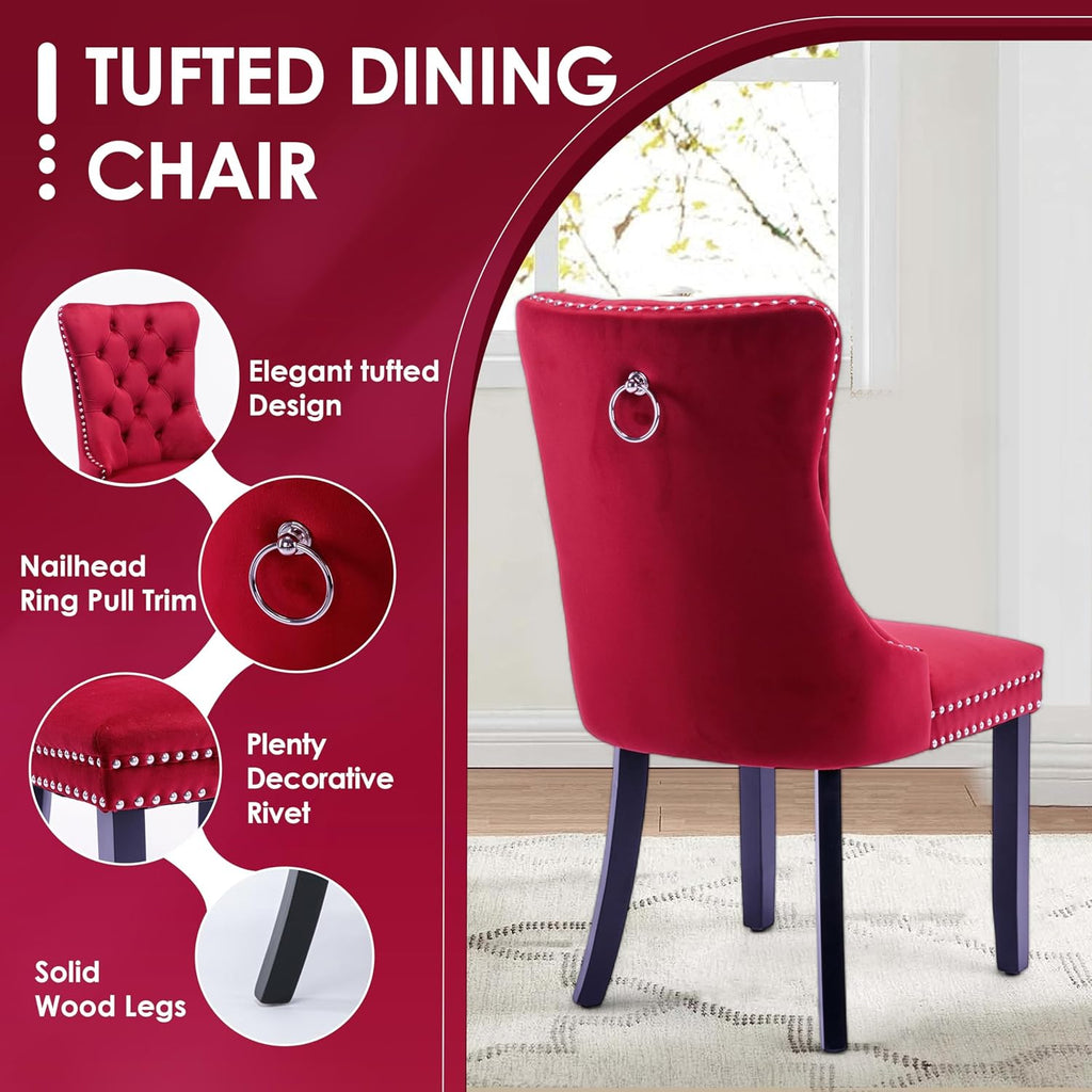 Modern Luxury Round Glass Dining Set for 4, 5 Pcs Small Minimalist Circle Kitchen Table Set, 36'' Circular Glass Top Dinner Room Set, Burgundy High-end Tufted Chairs, for Apartment (Black)