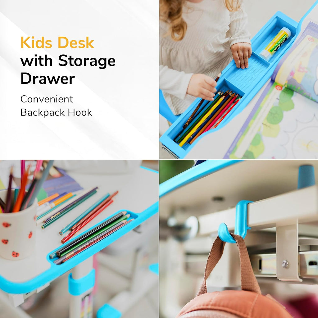 Mount-It! Kids Desk and Chair Set, Height Adjustable Sturdy, Kid Study Workstation and Chair Set for Boys, Home School, Arts, Drawing, Crafts, Ergonomic Childrens Storage Drawer Blue