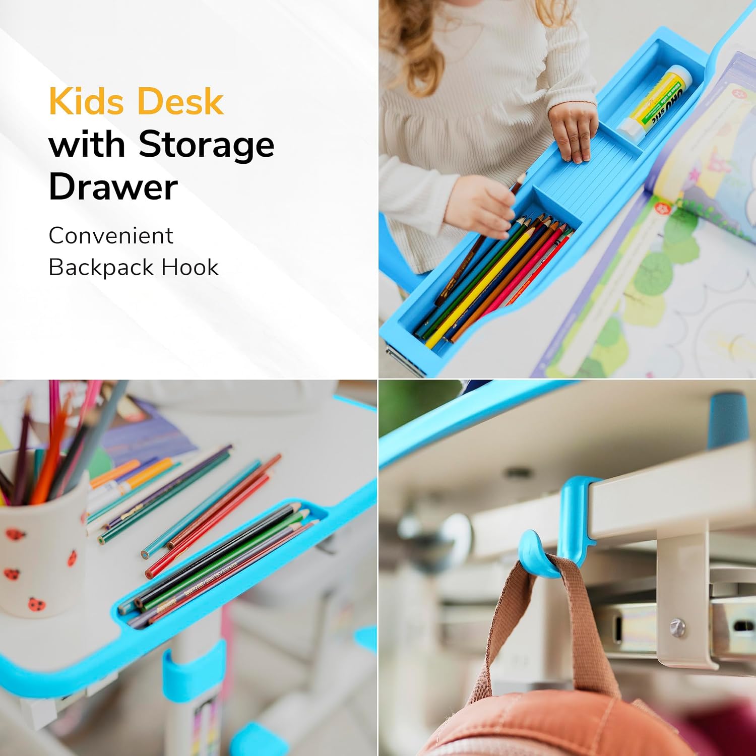 Mount-It! Kids Desk and Chair Set, Height Adjustable Sturdy, Kid Study Workstation and Chair Set for Boys, Home School, Arts, Drawing, Crafts, Ergonomic Childrens Storage Drawer Blue