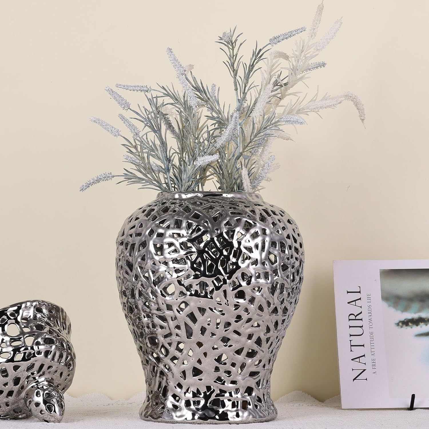 Pierced Ginger Jar Vase with Lid - 15.7' Tall Decorative Ceramic Jar for Home Decor, Centerpiece for Living Room, Dining Room, Entryway, or Office, Large Vase for Flowers (Silver)