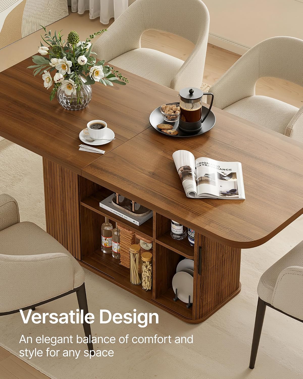 SUNCOZE Mid-Centur Dinner Tables for 4/6/8, 70.9' Rectangle Dining Room Table with Large Tabletop and Sliding Tambour Doors, Fluted Dining Table 2-Layer Storage for Kitchen and Living Room, Walnut