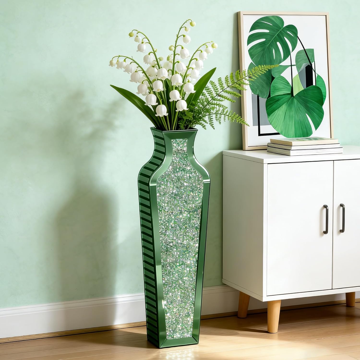 SHYFOY Green Crushed Diamond Floor Vase, Large Mirrored Tall Vases for Floor, Modern Glass Decorative Vases for Living Room Bedroom Home Corner Indoor Office, 26.8' Tall