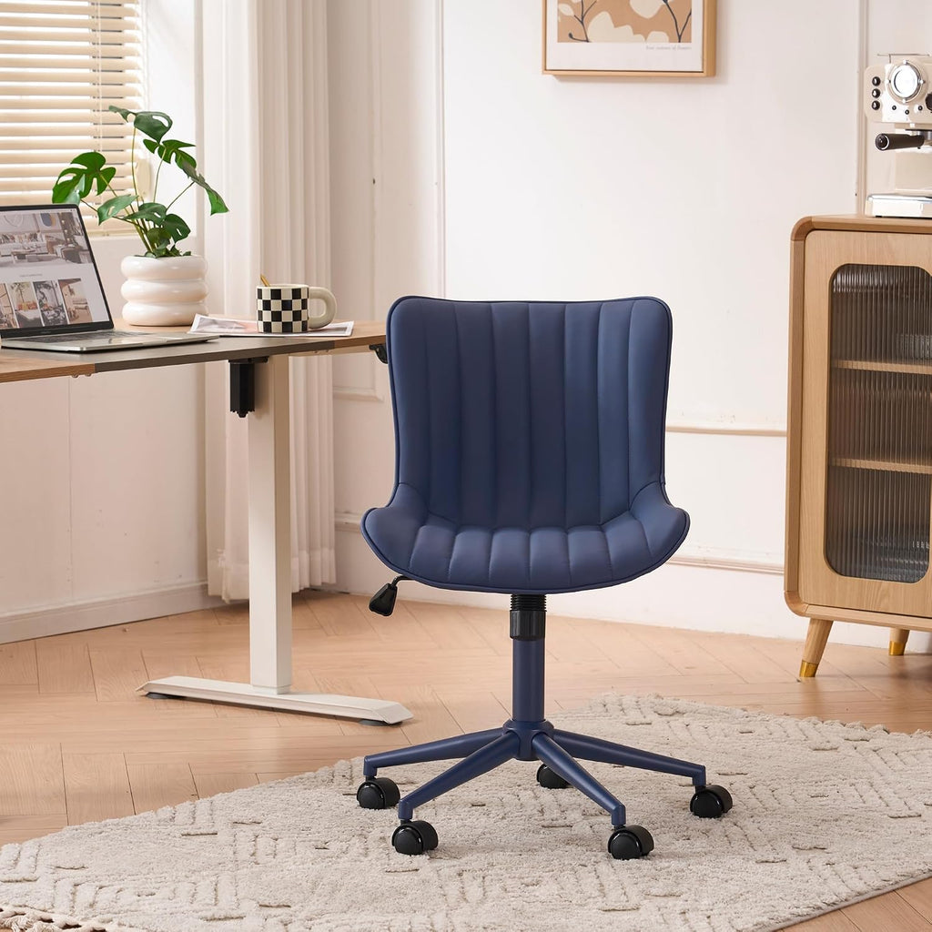YOUNIKE Office Desk Chair with Wheels Armless Vanity Chair with Back Comfy Leather Upholstered Rolling Task Chair Swivel Small Cute Sewing Chair No Arms Wide Ergonomic Mid-Century Modern Navy Blue