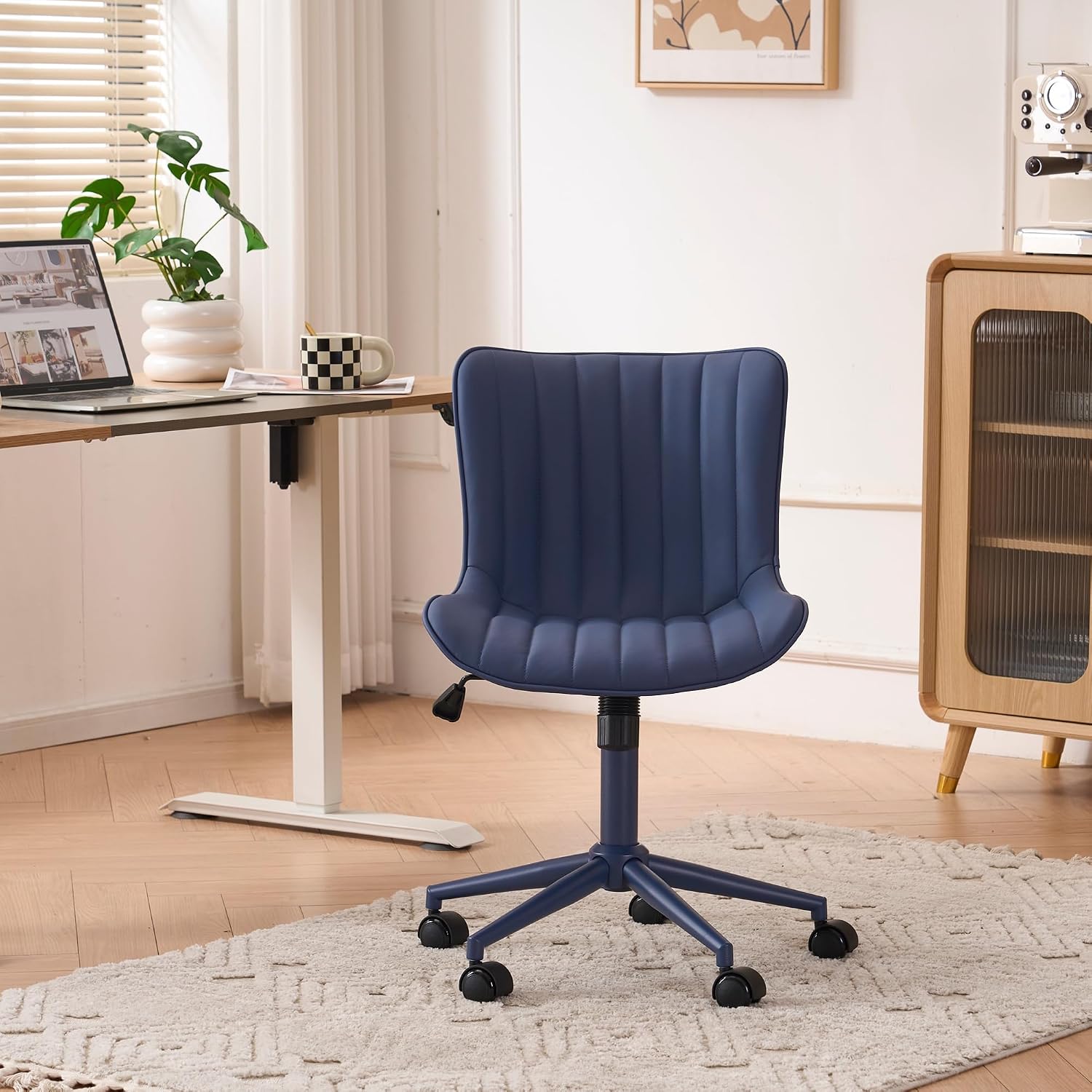 YOUNIKE Office Desk Chair with Wheels Armless Vanity Chair with Back Comfy Leather Upholstered Rolling Task Chair Swivel Small Cute Sewing Chair No Arms Wide Ergonomic Mid-Century Modern Navy Blue