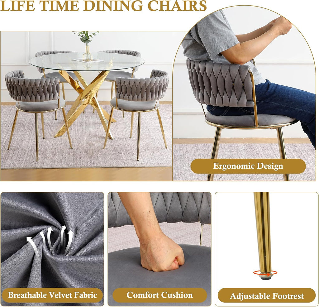 Round Glass Dining Table Set for 4, 36'' Small Circle Glass Kitchen Table with 4 Luxury Grey Gold Velvet Dining Chairs, 5-Piece Dining Room Table Set for Small Place(Gold Base)