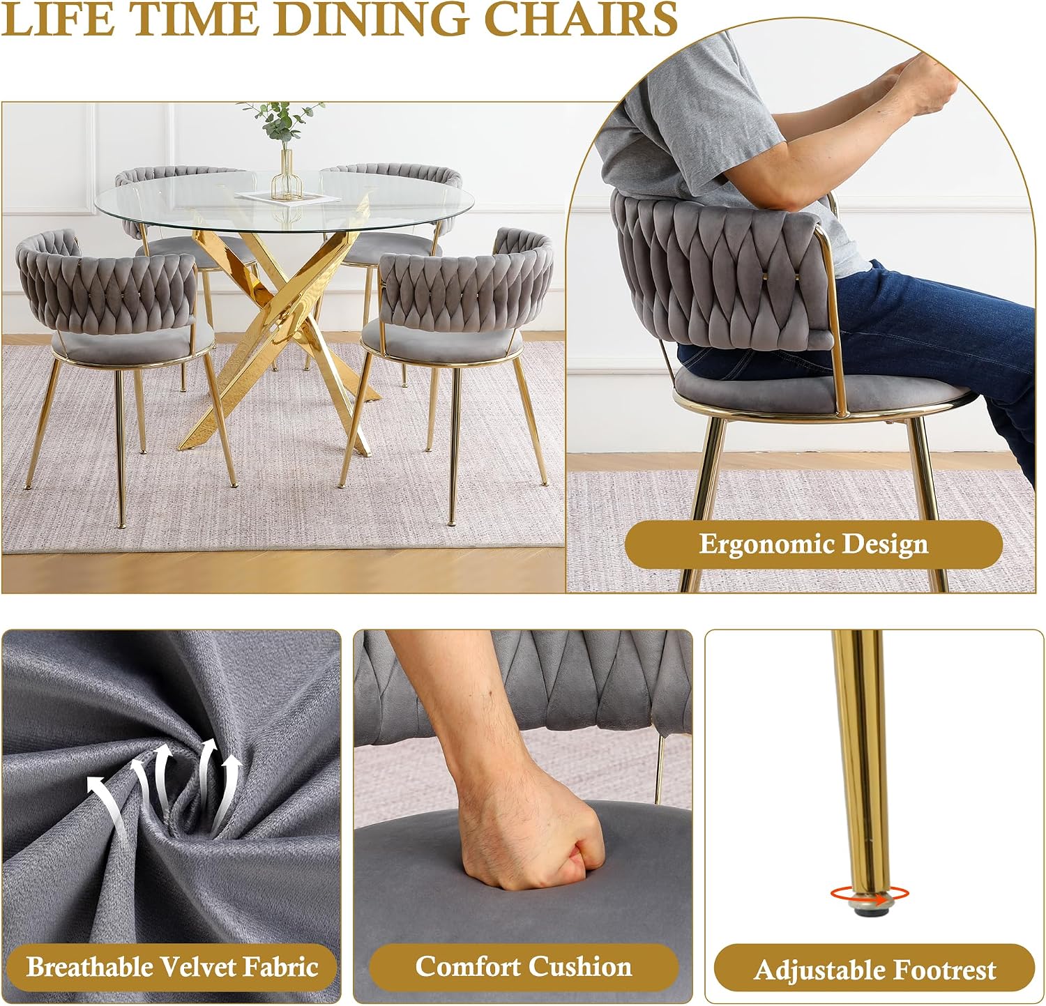 Round Glass Dining Table Set for 4, 36'' Small Circle Glass Kitchen Table with 4 Luxury Grey Gold Velvet Dining Chairs, 5-Piece Dining Room Table Set for Small Place(Gold Base)