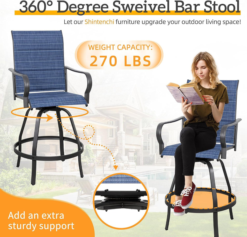 Shintenchi 5 Piece Patio Swivel Bar Stools Set, Outdoor Patio Bar Table and Chairs Set, All Weather Bar Height Chairs Set of 4, High Top Bistro Set Furniture for Balcony, Backyard, Padded Deep Blue