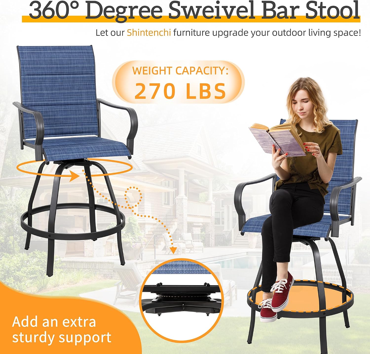 Shintenchi 5 Piece Patio Swivel Bar Stools Set, Outdoor Patio Bar Table and Chairs Set, All Weather Bar Height Chairs Set of 4, High Top Bistro Set Furniture for Balcony, Backyard, Padded Deep Blue