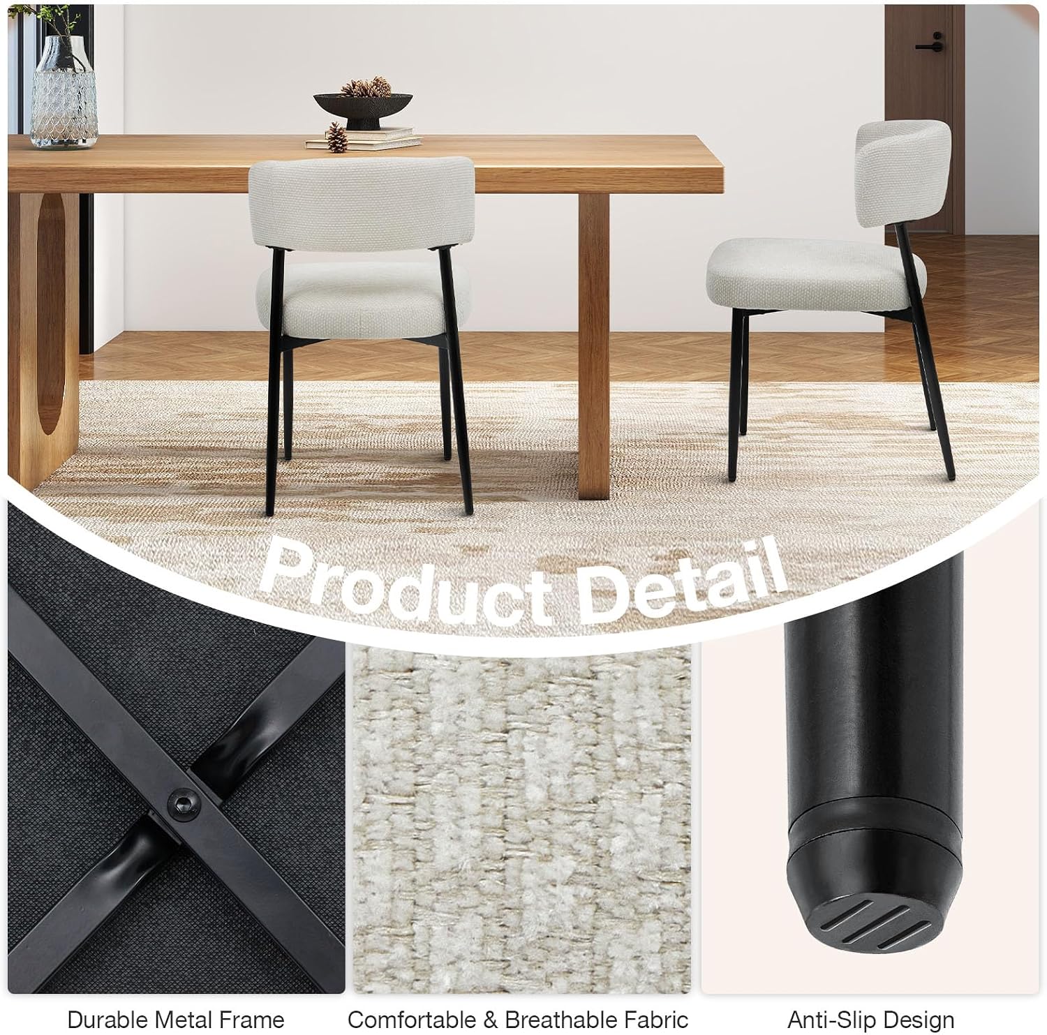 DUMOS Dining Chairs Set of 4, Mid Century Modern Chair Round Upholstered Curved Backrest, Kitchen Vanity Living Room Chairs with Black Metal Legs, Beige