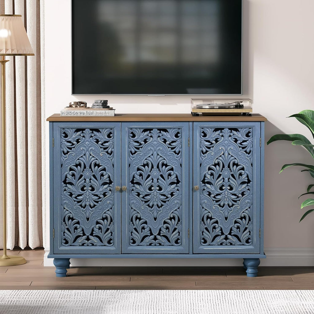 JOINICE Accent Cabinet with 3 Carved Doors, Distressed Sideboard Buffet with Storage & Solid Wood Legs, 43' Vintage Console Table for Living Room,Entryway,Coffee Bar,Hallway(Blue & Walnut)