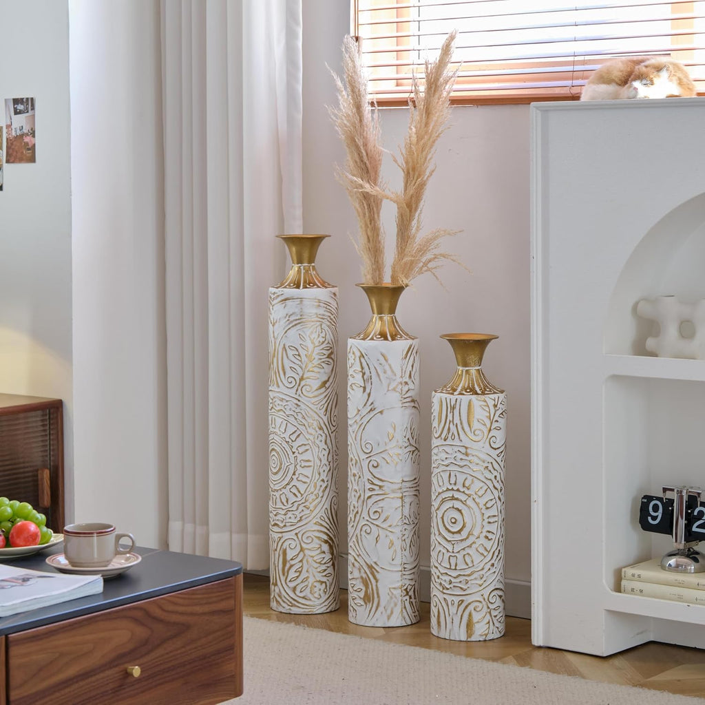 Metal Floor Vase Set - 3D Floral Relief Cylinder Vases for Living Room, Entryway & Office Decor, 24in/28.7in/33.5in Rustproof Tall Standing Home Décor (White+Gold Pattern)