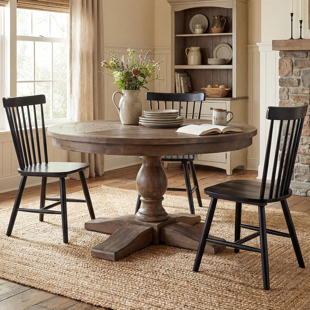 60' Round Dining Table, Reclaimed Wood Kitchen Table for 6-8 Farmhouse Circle Kitchen Table with Pedestal Curved Leg for Kitchen Dining Room Restaurant - Weathered Brown