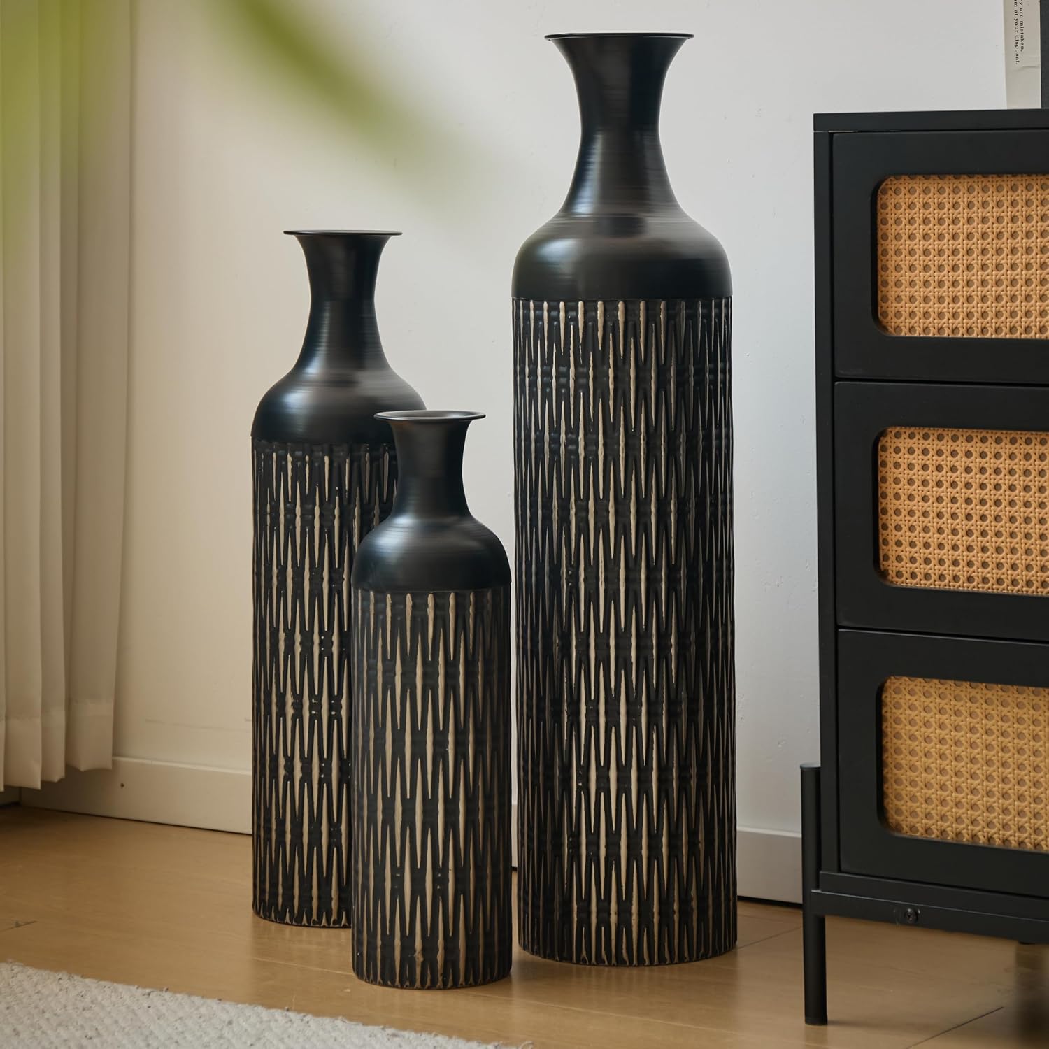 Floor Metal Decorated Vases Set of 3 for Gorgeous Home Decoration Large Glazed Metal Vases (Black+Metal)