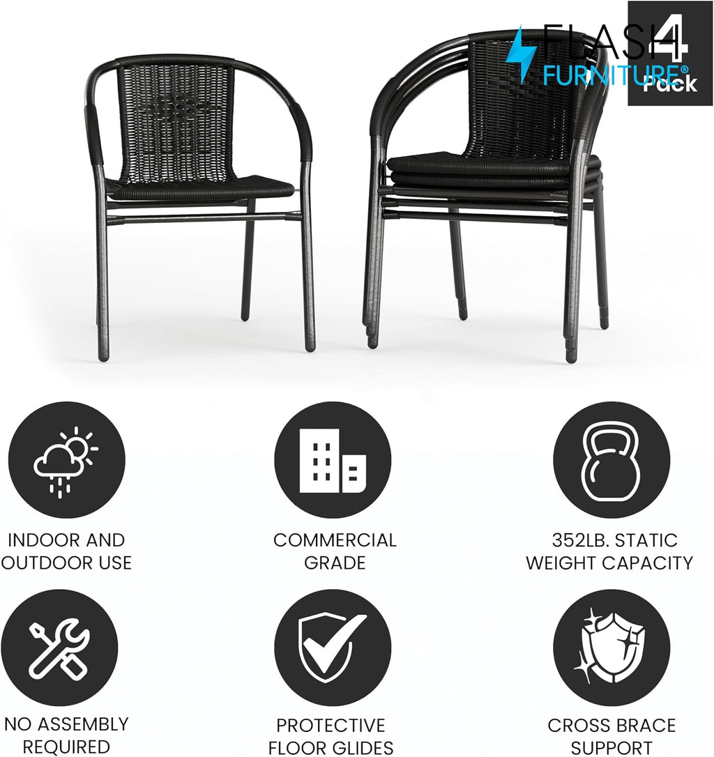 Flash Furniture Lila Modern Rattan Indoor/Outdoor Stackable Dining Chairs, Stacking Rattan Bistro Chairs for Patio or Restaurant, Set of 4, Black