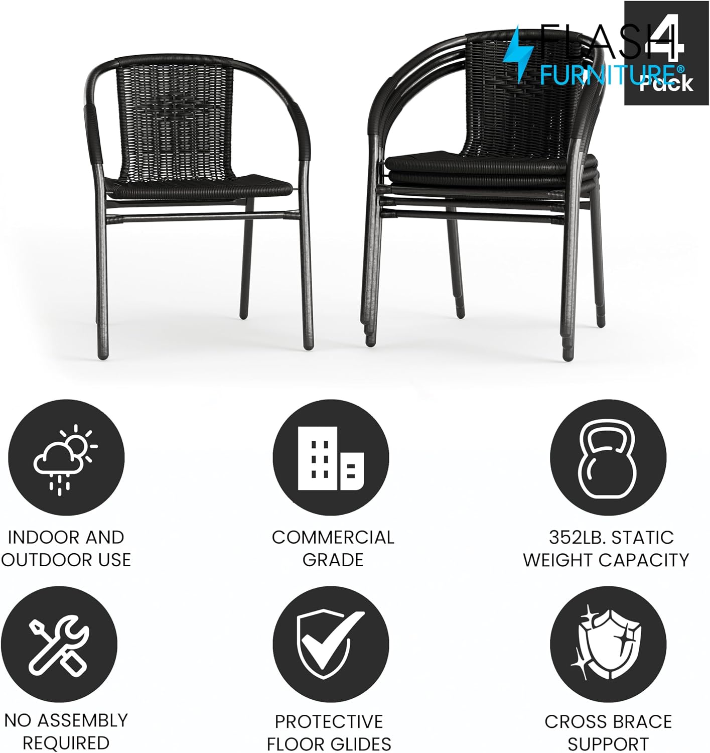Flash Furniture Lila Modern Rattan Indoor/Outdoor Stackable Dining Chairs, Stacking Rattan Bistro Chairs for Patio or Restaurant, Set of 4, Black