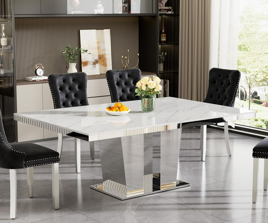 94 inch Extendable Dining Table for 6 8 10, Modern Expandable Kitchen Table with White Faux Marble Top & Silver Mirrored Base, Large Luxury Faux Marble Dining Room Table for Dinner Family Gathering