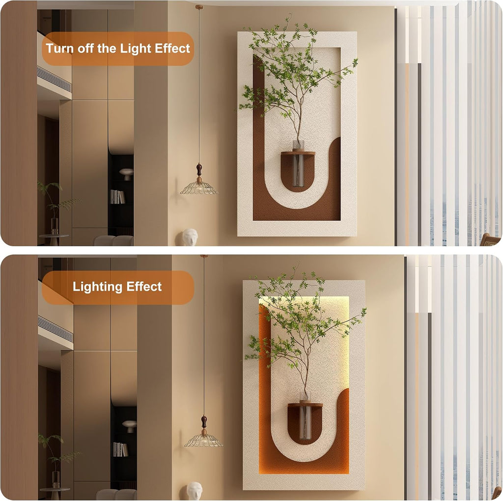 Montary 3D Sandstone Art Painting, Adjustable 3-Color LED Sandstone Wall Decor with Simulated Green Plants - 3D Art Sculpture, Glass Vase & Rabbit Statue, for Living Room, Bedroom, Hallway