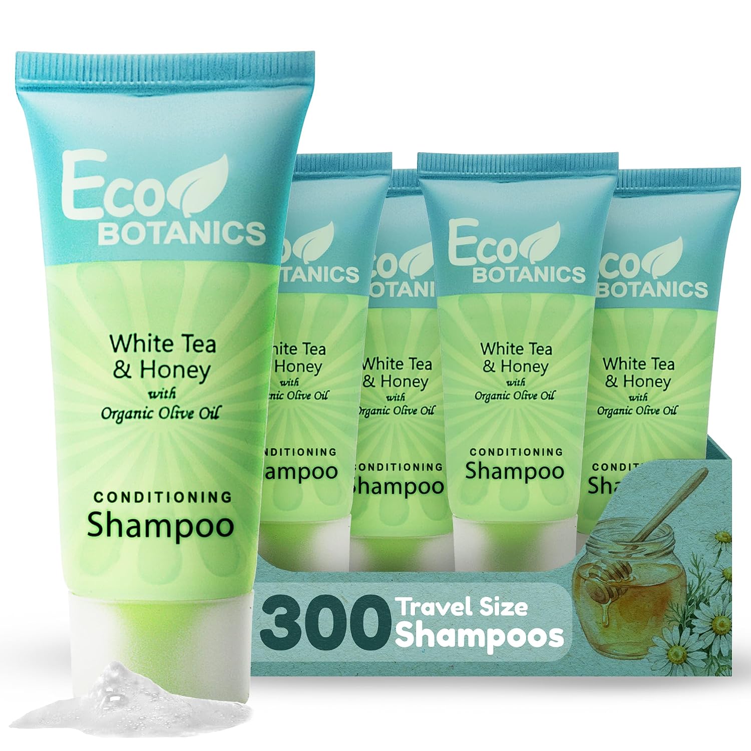 Eco Botanics Travel Size Hotel Shampoo 300 Count 0.85 oz Bottles Guest Amenities for Vacation Rentals and Short Term Rentals Paraben Free White Tea Scent Infused with Aloe Honey and Olive Oil
