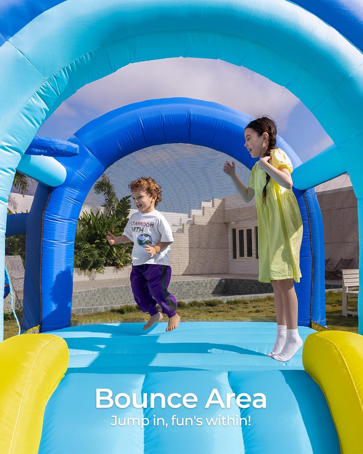 Outfunny Bounce House with Slide, Inflatable Bouncy House for Kids 3-12 w/Ball Pit, Outdoor & Indoor, Bounce Area 8'x8', Capacity 400 lb - Blue