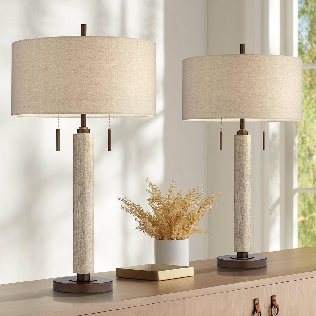 Franklin Iron Works Hugo 28 1/2' Tall Mid Century Modern Natural Cottage End Table Lamps Set of 2 USB Port Pull Chain White-Washed Wood Finish Oatmeal Shade Living Room Charging Bedroom Bedside