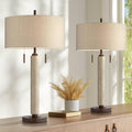 Franklin Iron Works Hugo 28 1/2' Tall Mid Century Modern Natural Cottage End Table Lamps Set of 2 USB Port Pull Chain White-Washed Wood Finish Oatmeal Shade Living Room Charging Bedroom Bedside