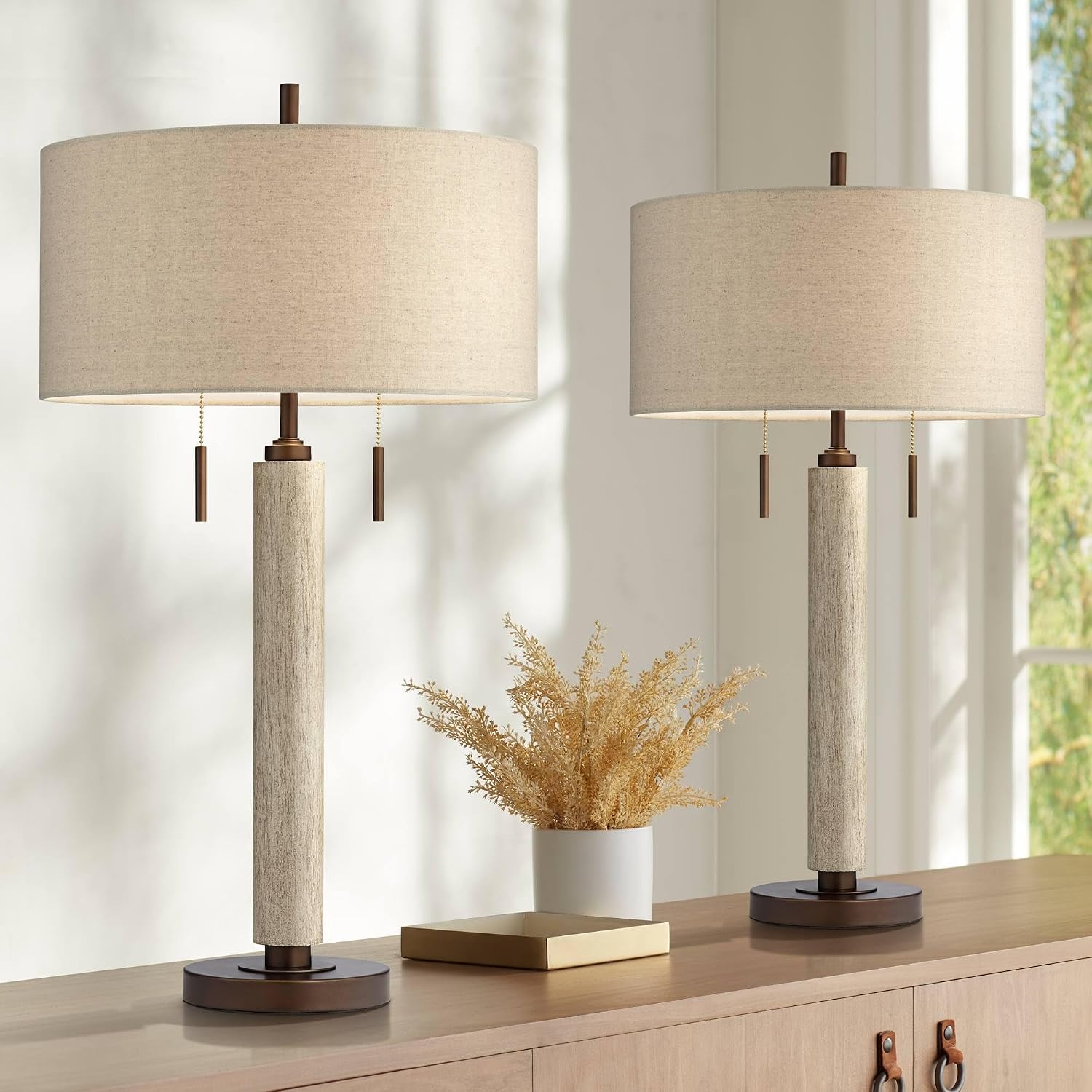 Franklin Iron Works Hugo 28 1/2' Tall Mid Century Modern Natural Cottage End Table Lamps Set of 2 USB Port Pull Chain White-Washed Wood Finish Oatmeal Shade Living Room Charging Bedroom Bedside