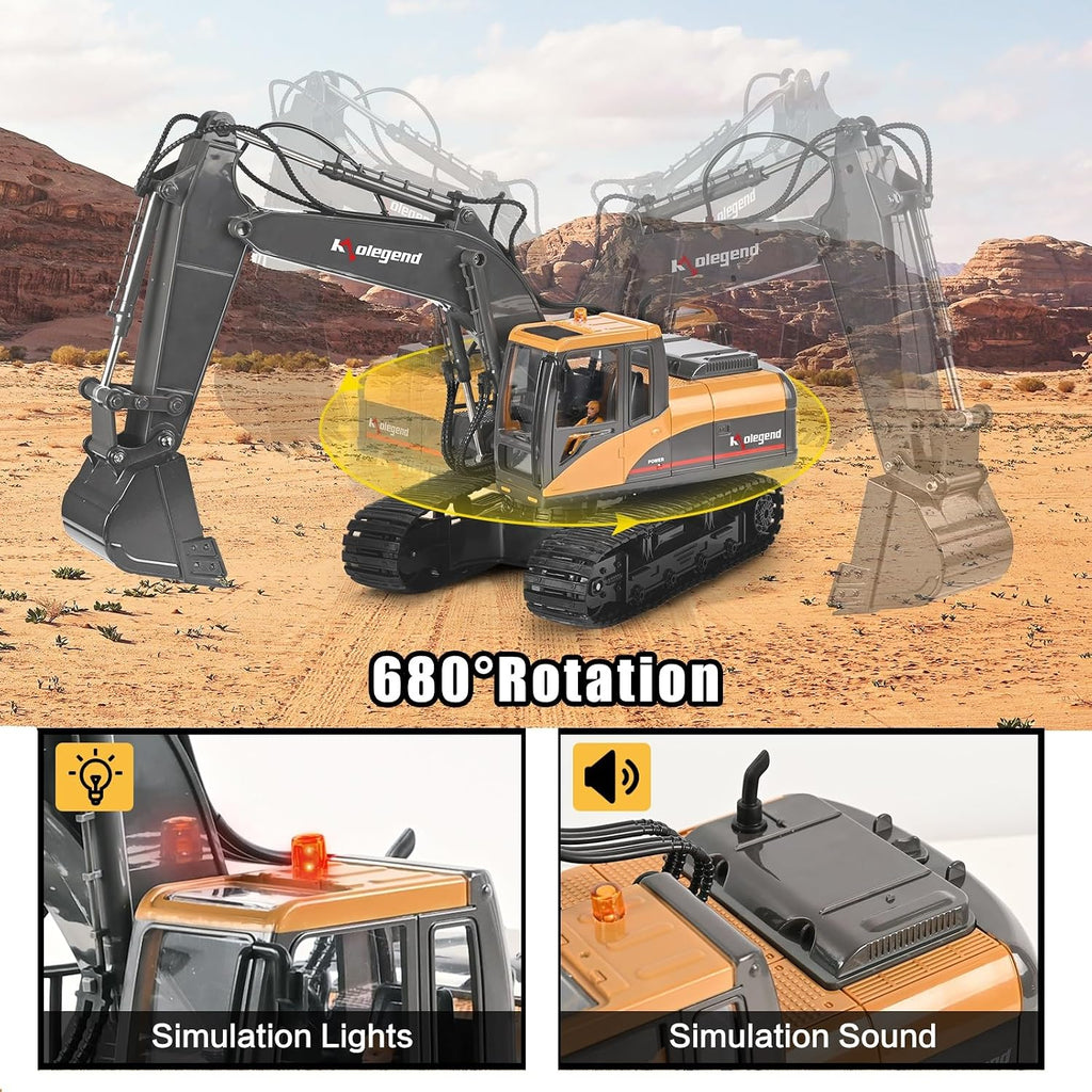 kolegend 3 in 1 Remote Control Excavator Toy 1/14 Scale RC Excavator, 15 Channel Upgrade Full Functional Construction Vehicles with Tools Metal Breaker and Electric Gripper(Yellow/Black)