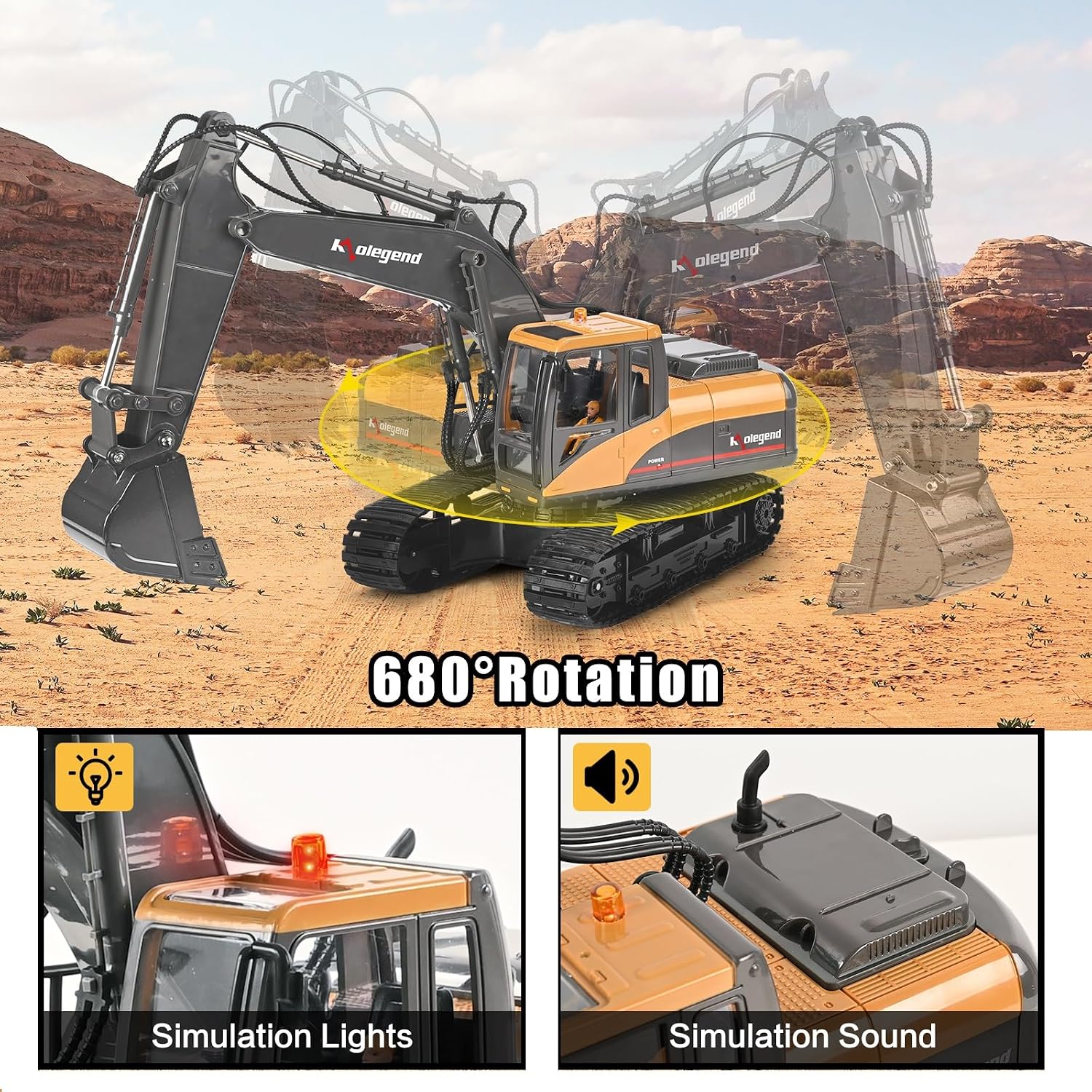 kolegend 3 in 1 Remote Control Excavator Toy 1/14 Scale RC Excavator, 15 Channel Upgrade Full Functional Construction Vehicles with Tools Metal Breaker and Electric Gripper(Yellow/Black)